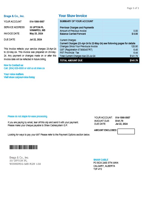 Canada Shaw business utility bill template in Word and PDF formats